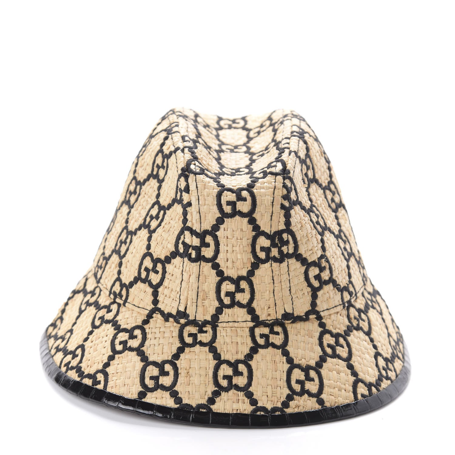 Gucci Raffia Elaphe GG Monogram Embroidered Fedora Hat M Ivory Black 3 of 10
