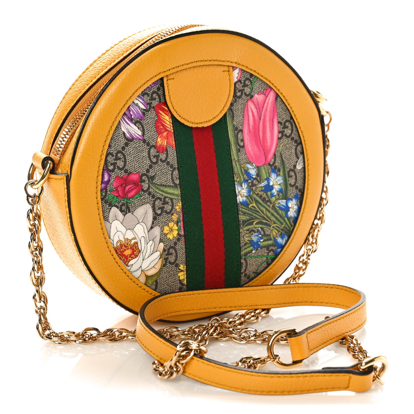 GG Supreme Monogram Flora Web Mini Ophidia Round Shoulder Bag Beige Multicolor Crop