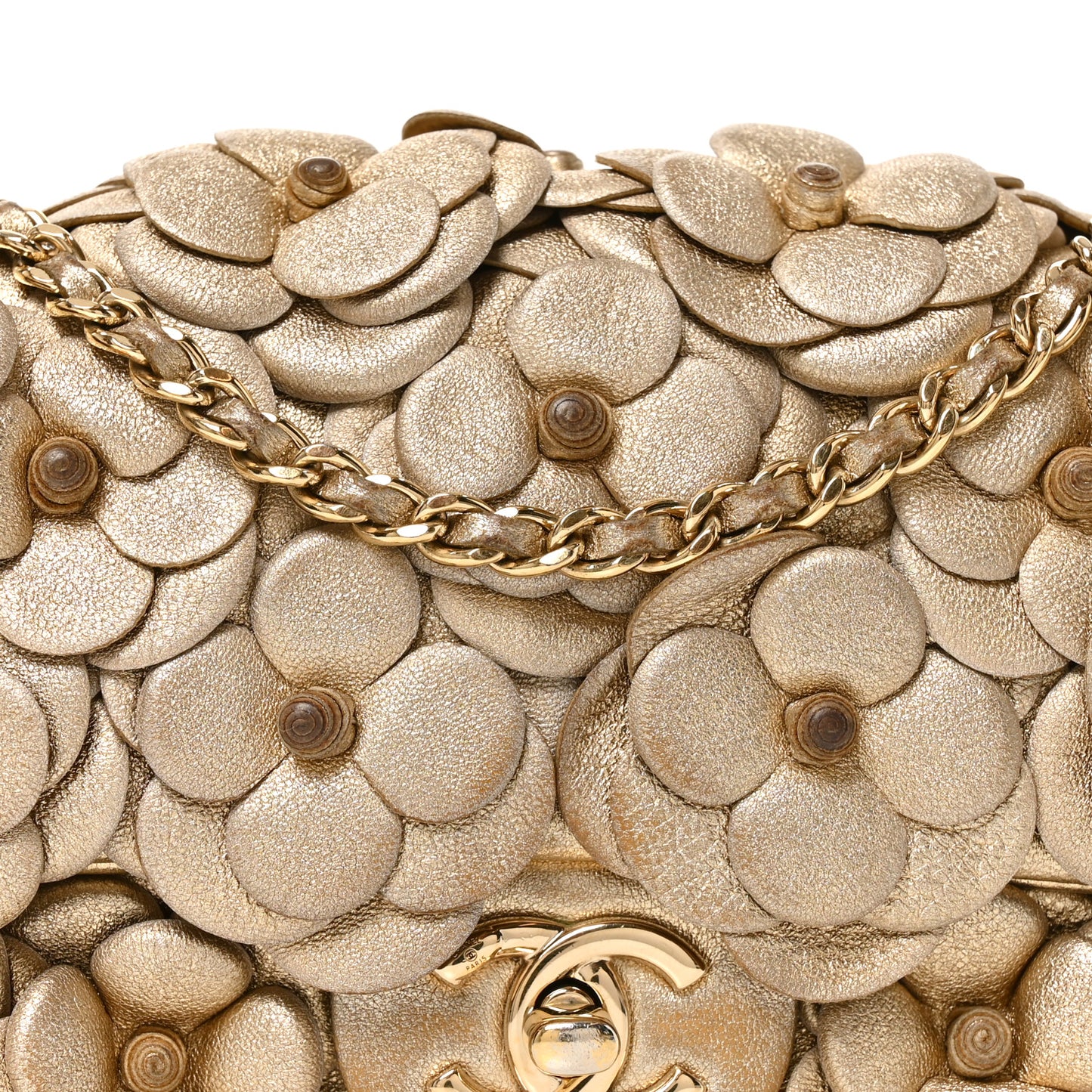 Metallic Lambskin Quilted Mini Camellia Flap Gold