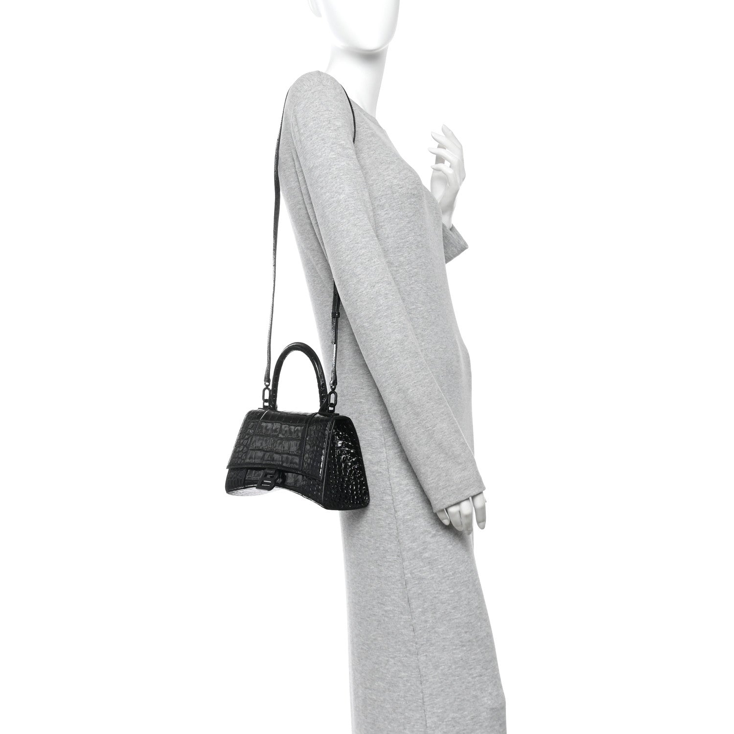 Balenciaga Shiny Calfskin Monochrome Crocodile Embossed Small Hourglass Top Handle Bag Black 2 of 11