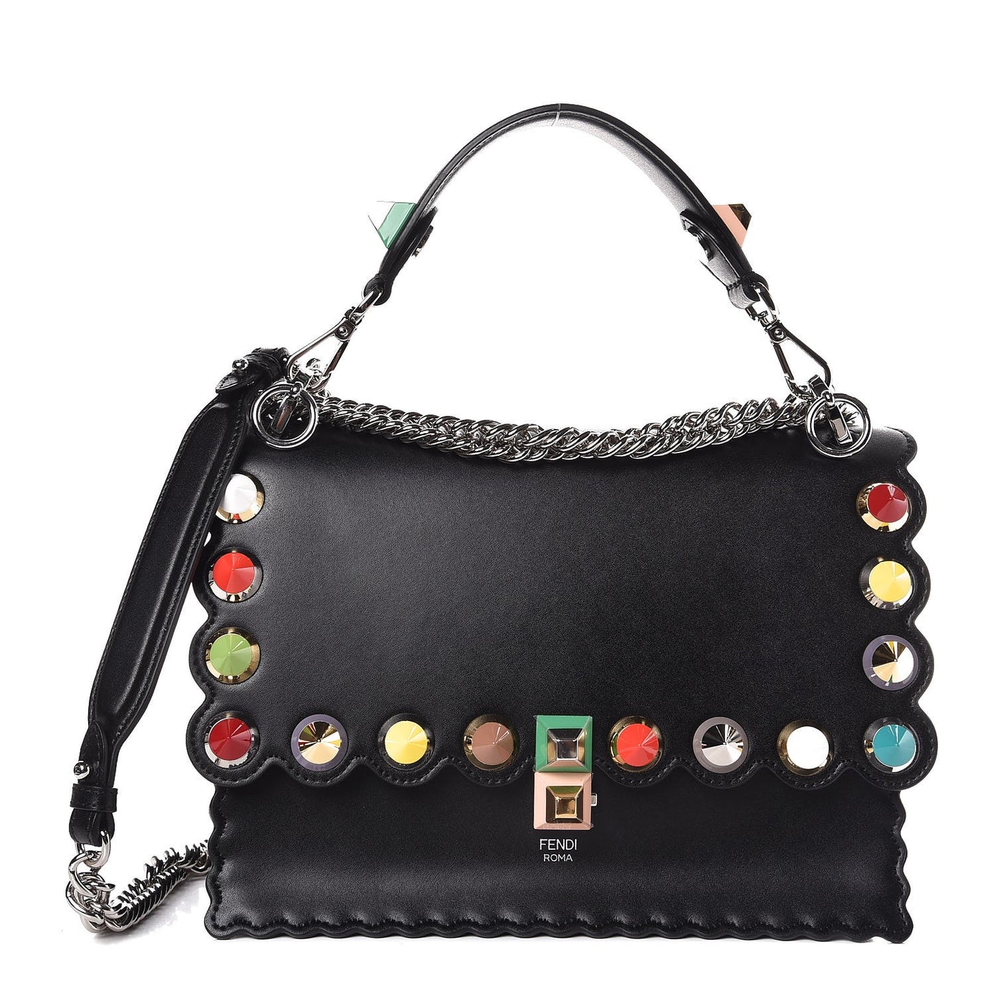 Vitello Liberty Scalloped Spike Studded Kan I Shoulder Bag Black Multicolor