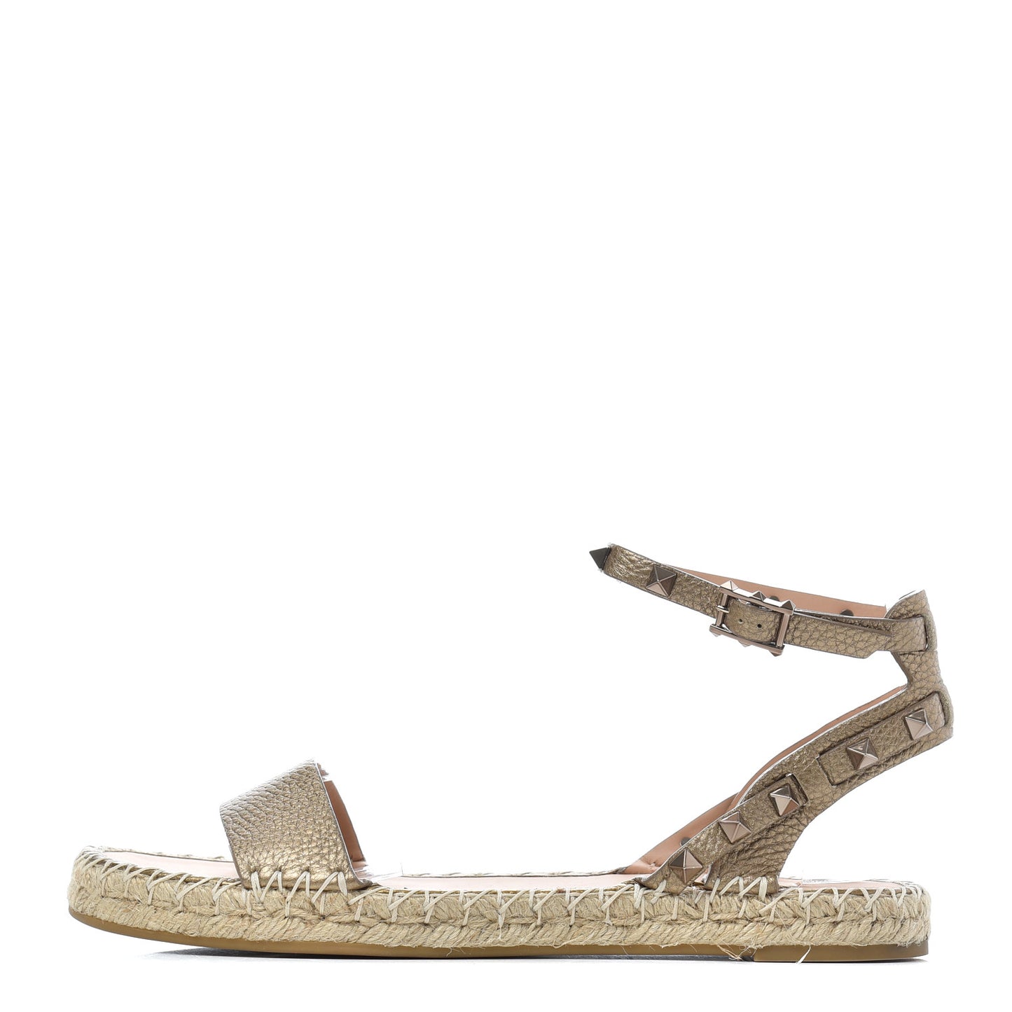 Metallic Calfskin Rockstud Ankle Strap Espadrille Flat Sandals 40 Skin