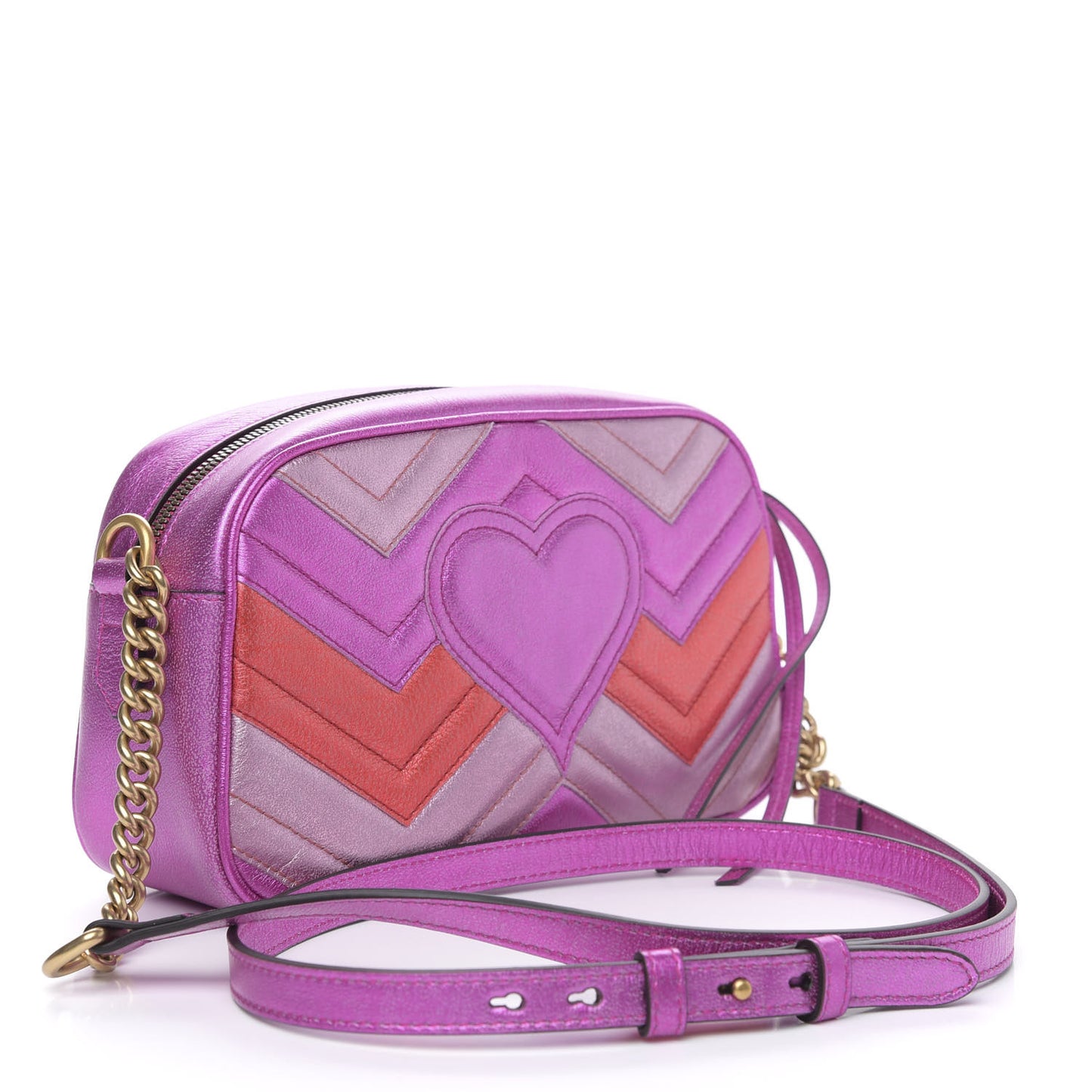 Laminated Nappa Matelasse Small GG Marmont Chain Shoulder Bag Fuxia Rosso Rosa