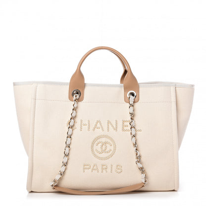 Chanel Canvas Pearl Medium Deauville Tote Ecru Beige 1 of 10