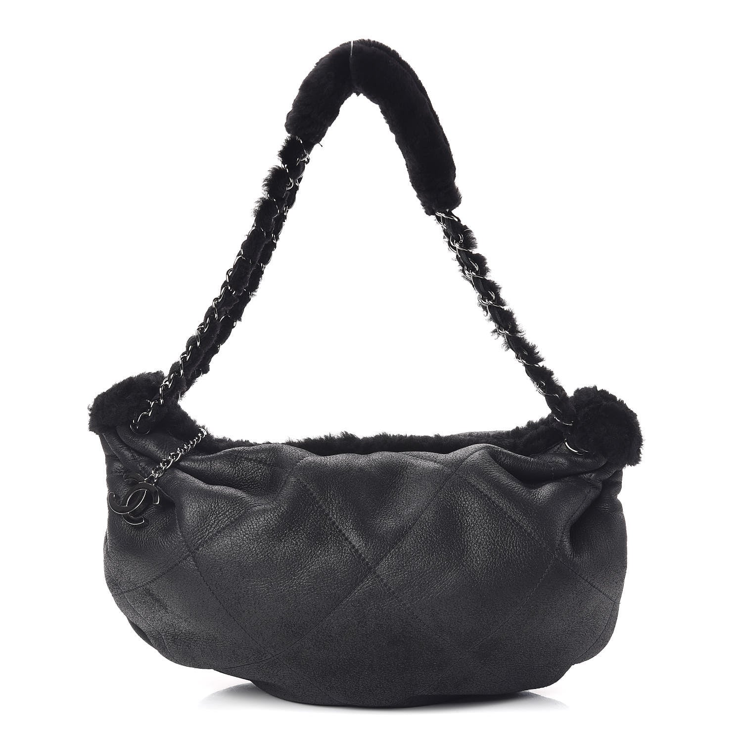 Chanel Shearling Suede Lambskin Stitched Hobo Black 1 of 10
