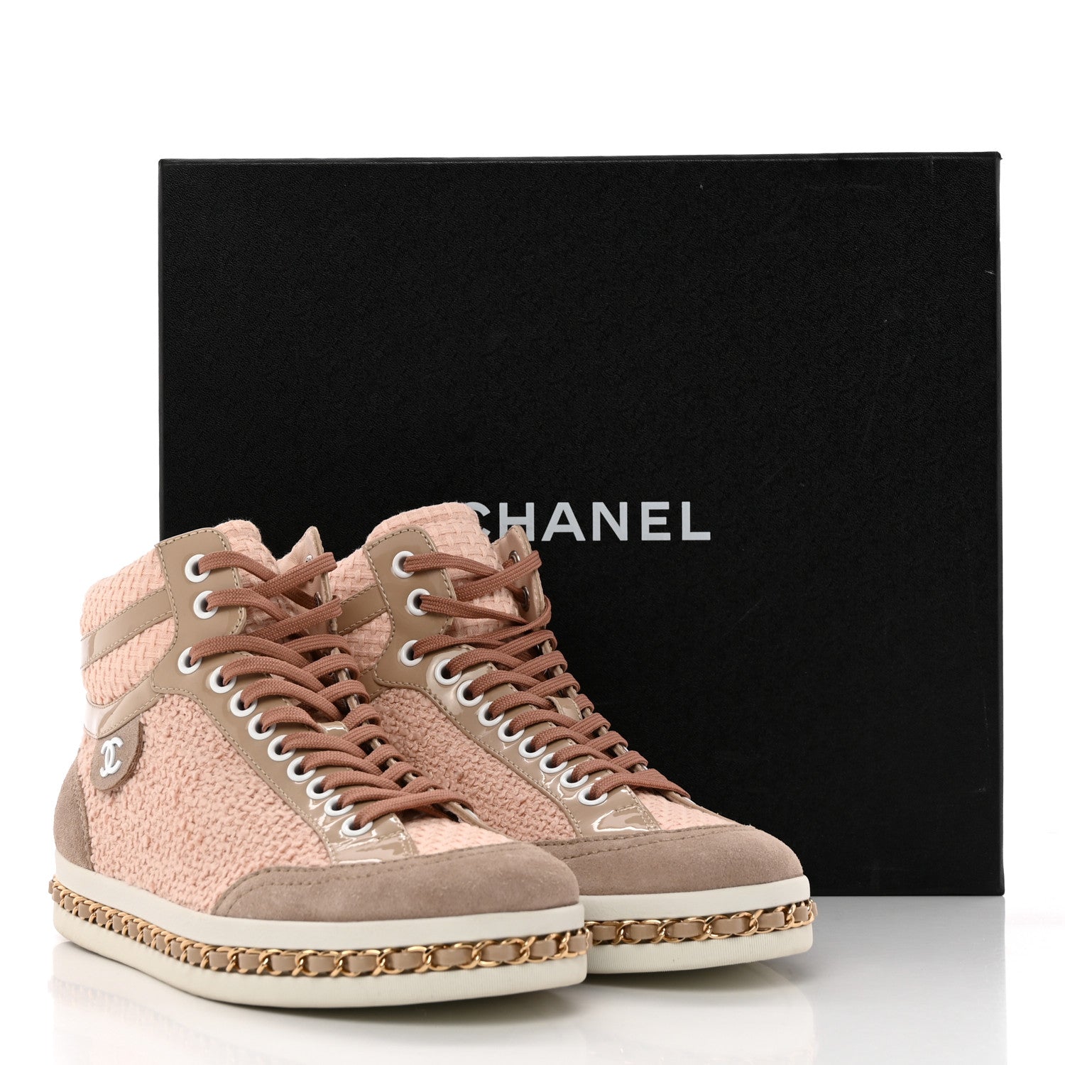 Chanel Tweed Suede Chain CC High Top Sneakers 37 Pink 10 of 10