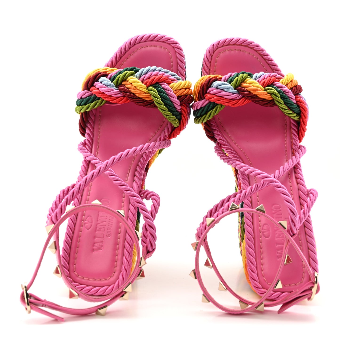 Calfskin Rockstud Ankle Strap Torchon Espadrille 25/115mm Wedge Sandals 37 Feminine Pink Multicolor