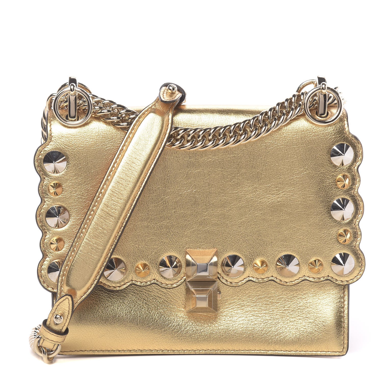 Fendi Vitello Catalan Mirror Scalloped Multi Studded Small Kan I Shoulder Bag Gold 1 of 10