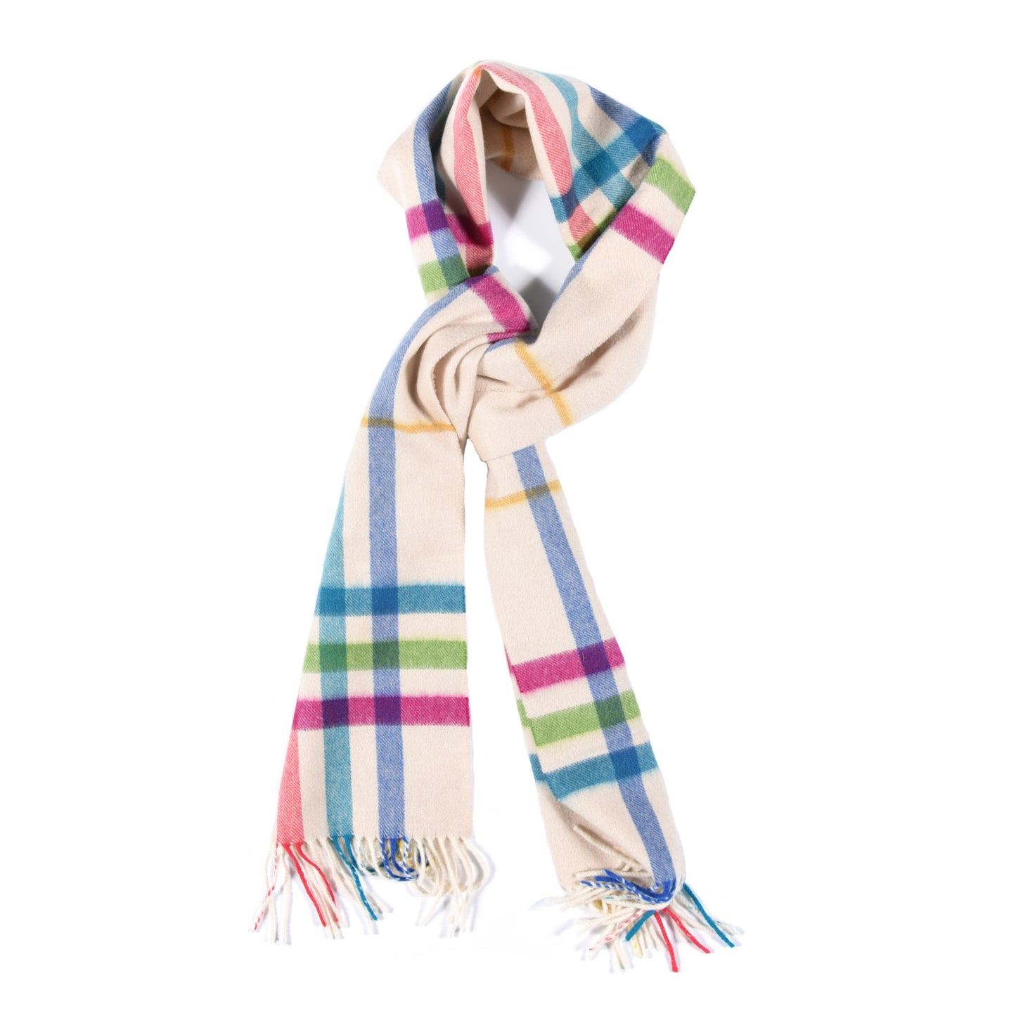 Cashmere Check Fringe Scarf Ivory Multicolor