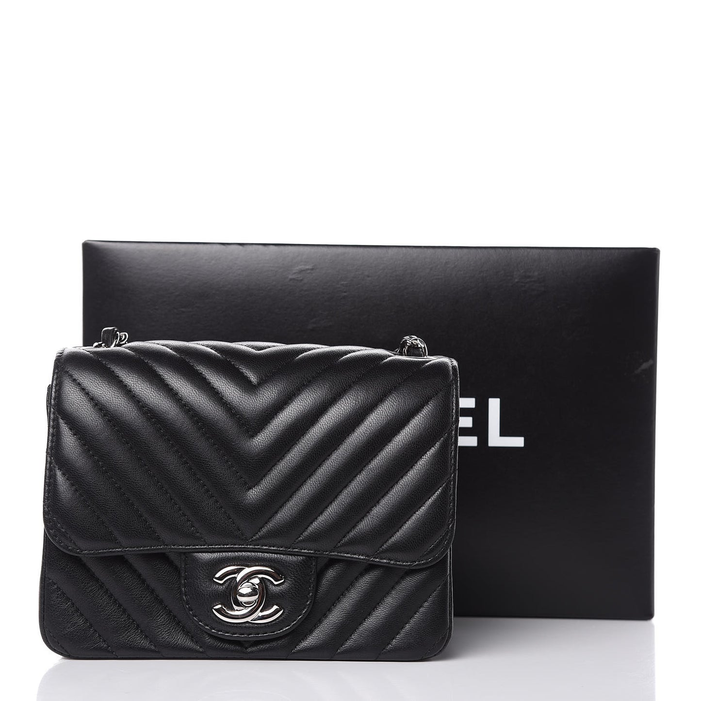 Lambskin Chevron Quilted Mini Square Flap Black