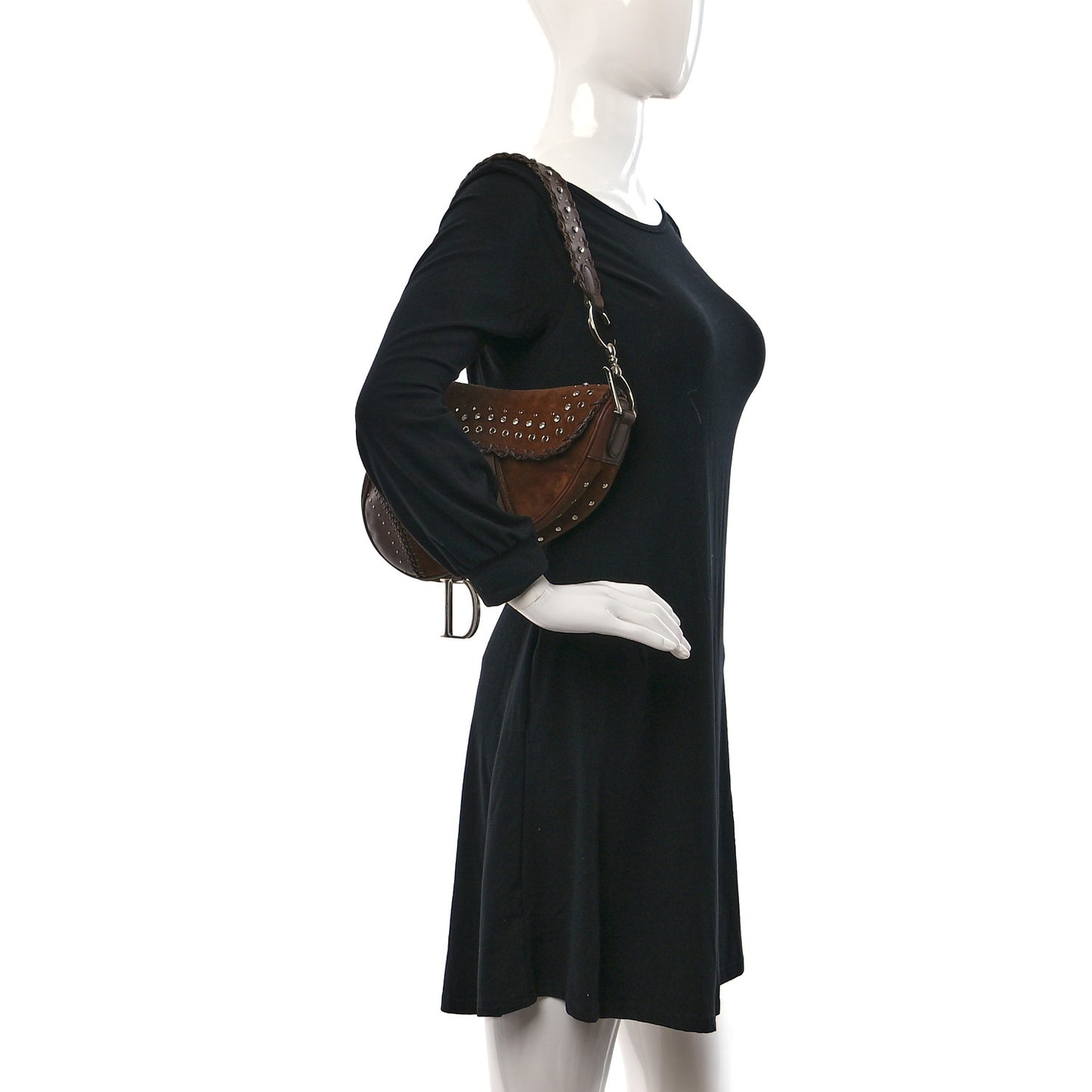 Suede Crystal Studded Saddle Bag Dark Brown
