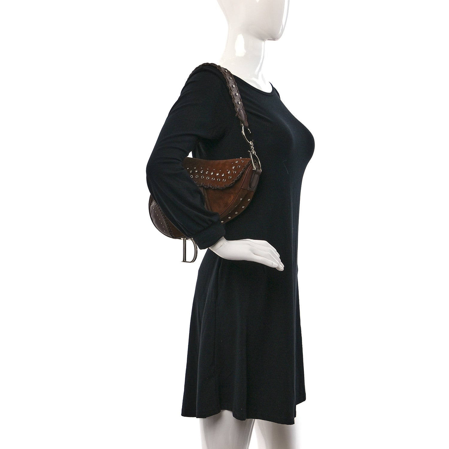 Christian Dior Suede Crystal Studded Saddle Bag Dark Brown 2 of 8