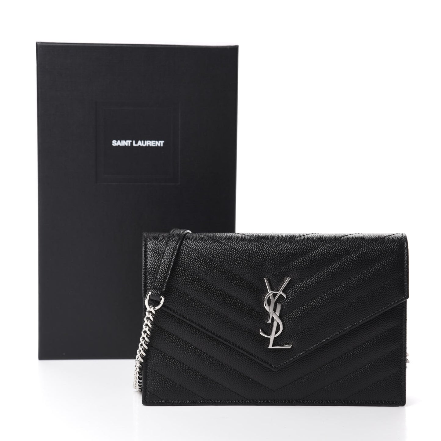 Grain De Poudre Matelasse Chevron Monogram Envelope Chain Wallet Black