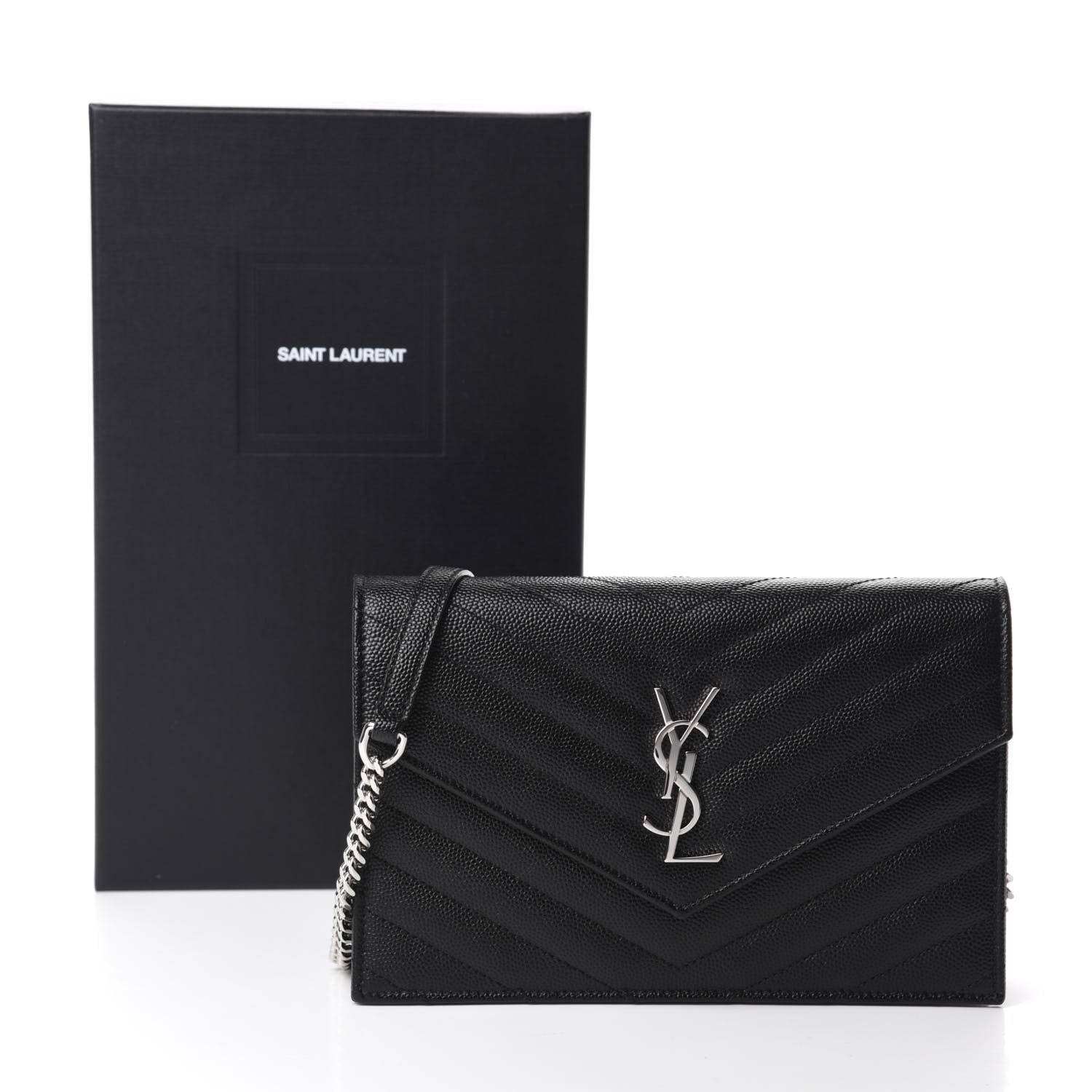 Saint Laurent Grain De Poudre Matelasse Chevron Monogram Envelope Chain Wallet Black 11 of 11