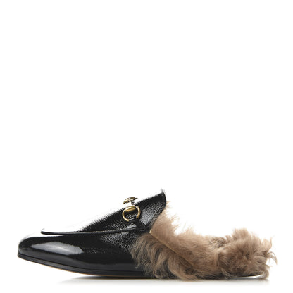Gucci Patent Fur Womens Princetown Slippers 37 Black Natural 1 of 8