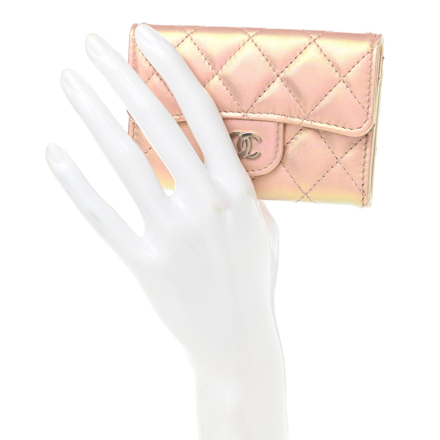 Iridescent Calfskin Quilted Flap Card Holder Wallet Pink