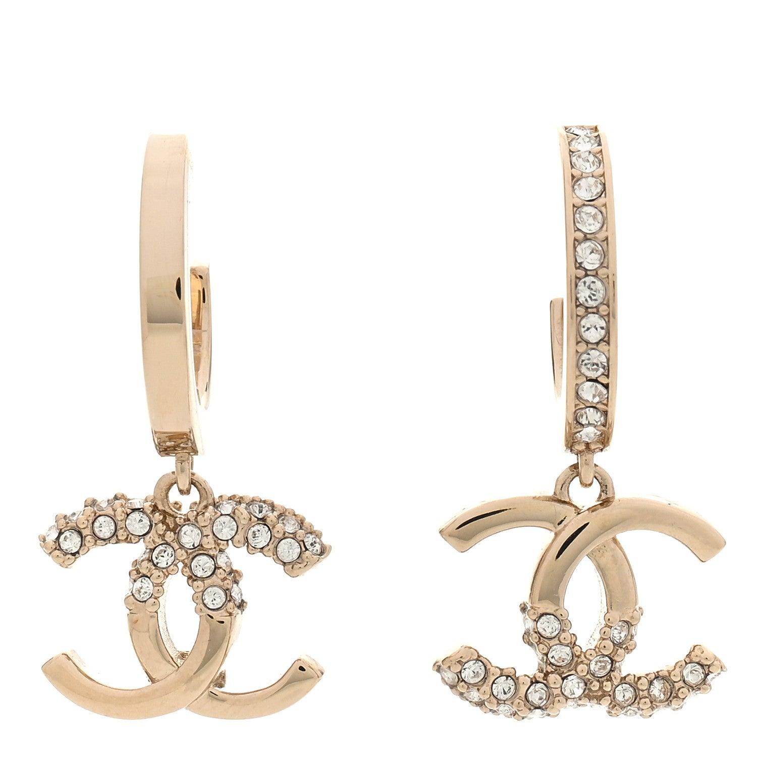 Chanel Crystal Bead CC Hoop Drop Earrings Light Gold 1 of 5