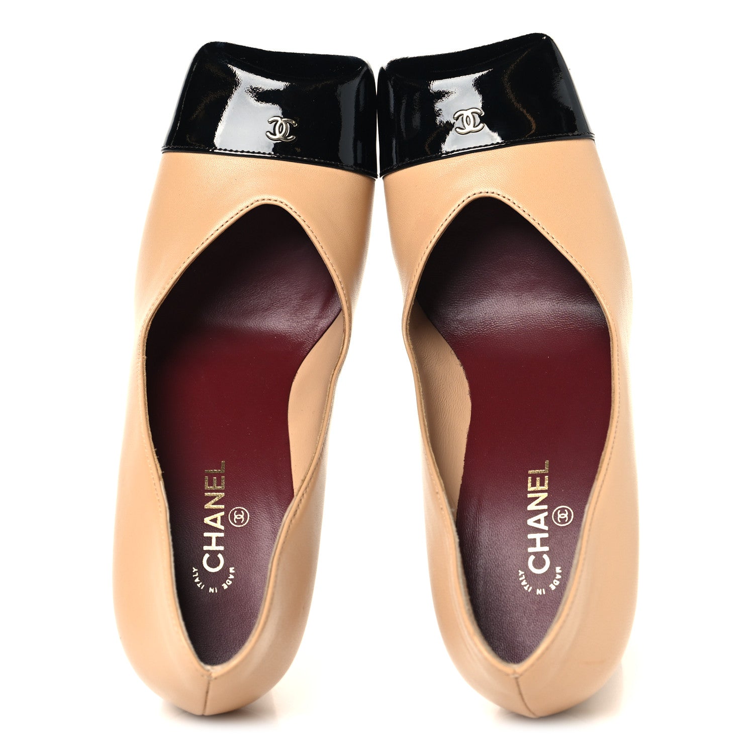 CHANEL ベージュ ブラック ハイヒール 37 Chanel Lambskin Patent Calfskin Cap Toe Pumps 37 Beige Black