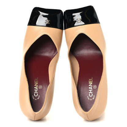 Chanel Lambskin Patent Calfskin Cap Toe Pumps 37 Beige Black 2 of 10