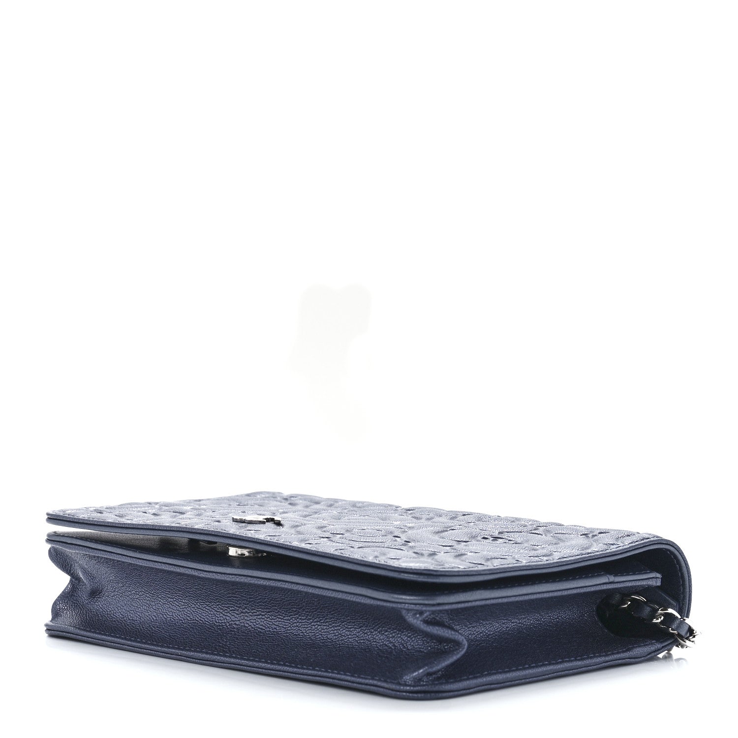 Chanel Goatskin Camellia Embossed Wallet On Chain WOC Blue 10 of 12