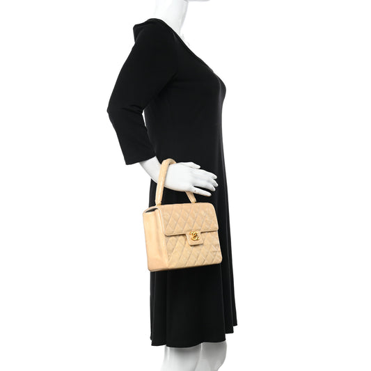Patent Quilted Top Handle Single Flap Light Beige
