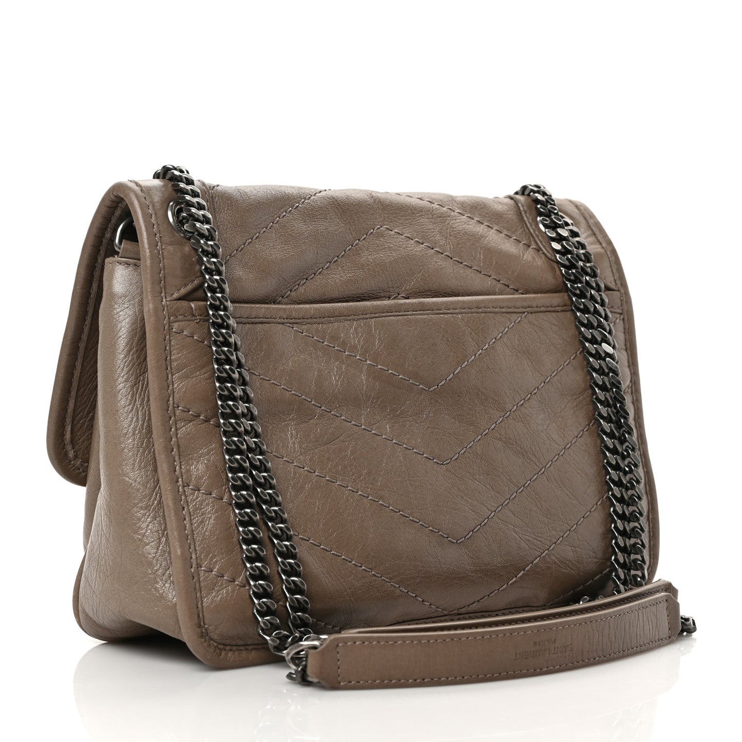 Crinkled Calfskin Matelasse Monogram Baby Niki Chain Satchel Greyish Brown