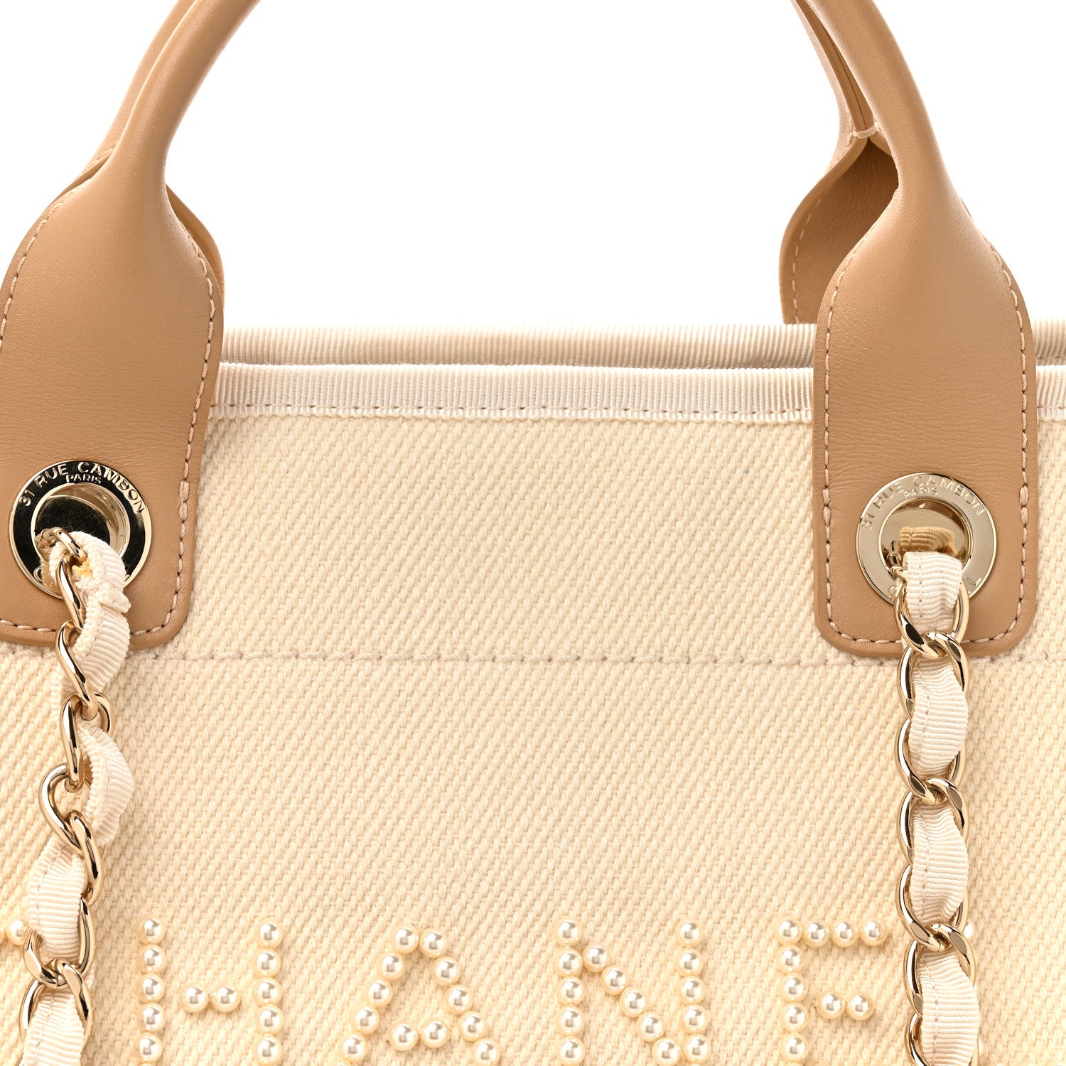 Chanel Canvas Pearl Medium Deauville Tote Ecru Beige 8 of 10