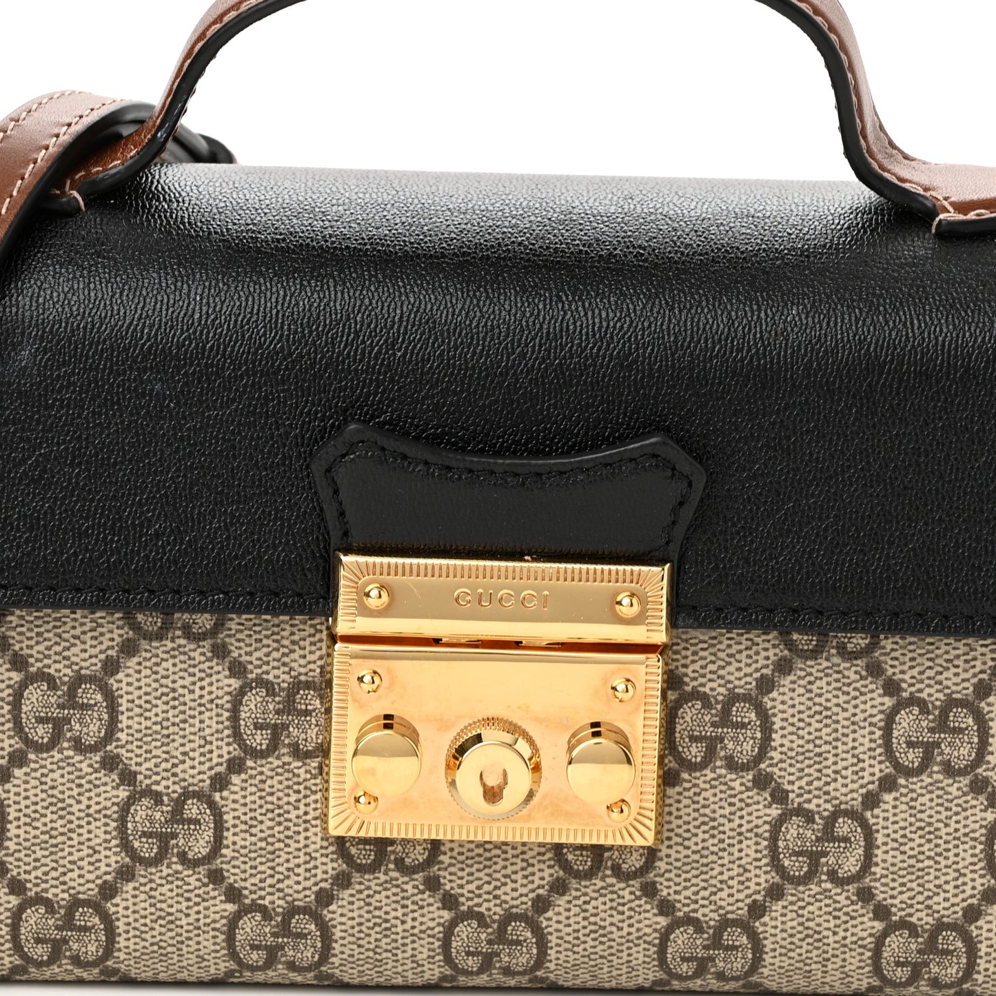 GG Supreme Monogram Calfskin Mini Padlock Top Handle Shoulder Bag Beige Black Cuir