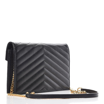 Saint Laurent Grain De Poudre Matelasse Chevron Monogram Envelope Chain Wallet Black 3 of 9