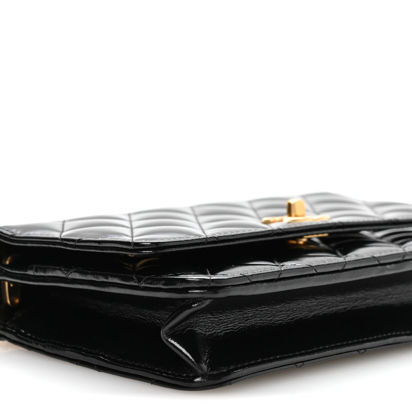Shiny Crumpled Calfskin Quilted Precious Tie Wallet On Chain WOC Black