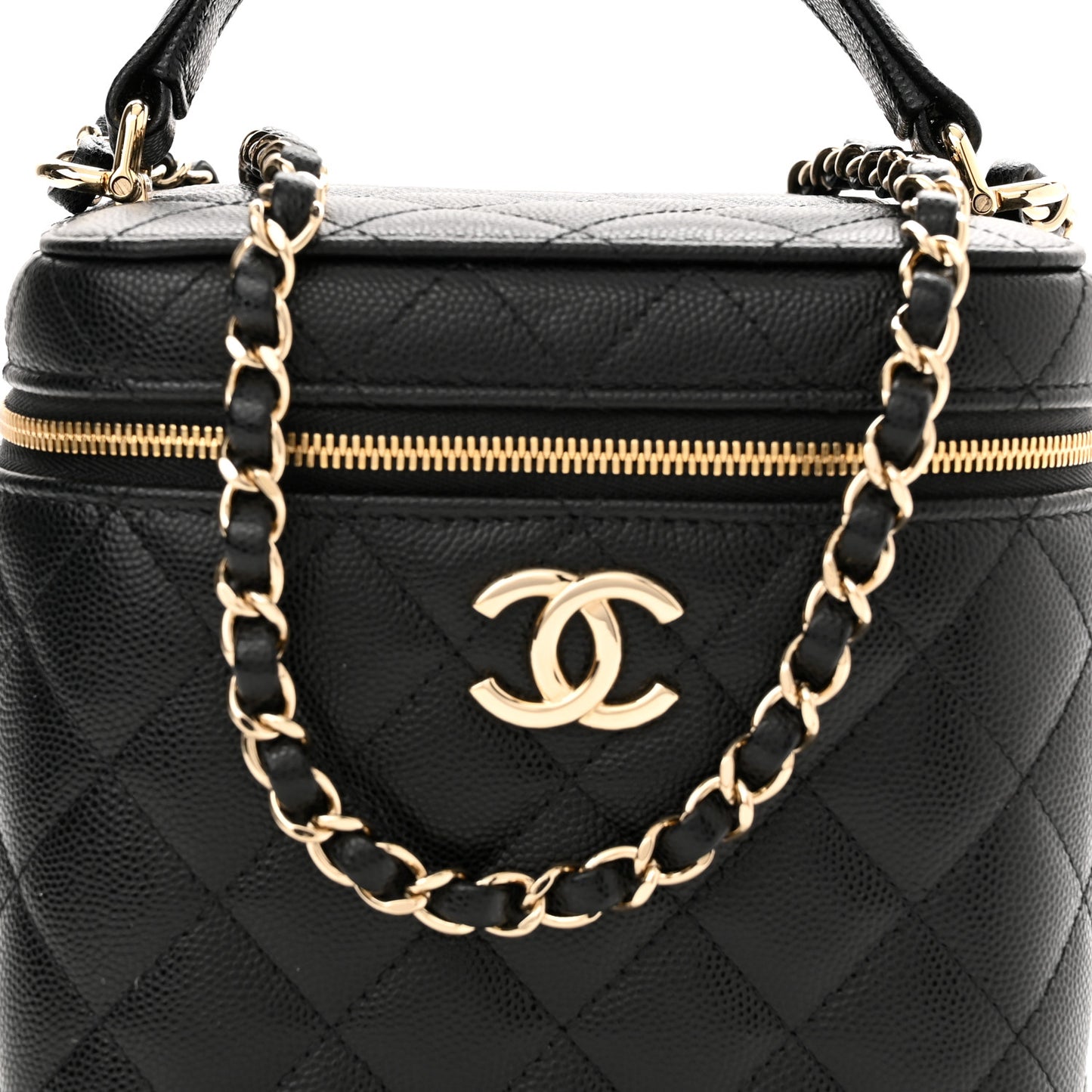 Caviar Quilted Small Top Handle Vanity Case With Chain Black