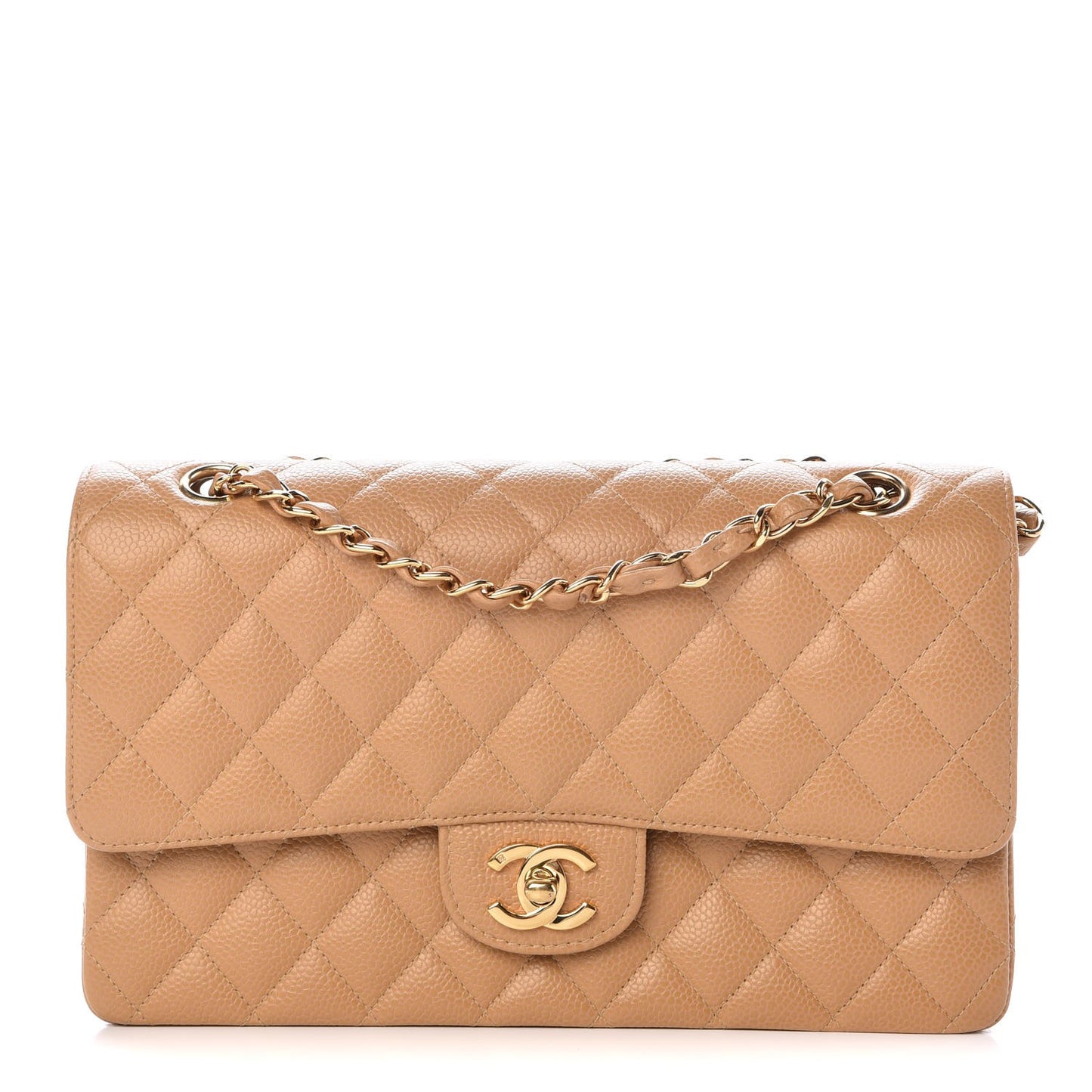 Caviar Quilted Medium Double Flap Beige