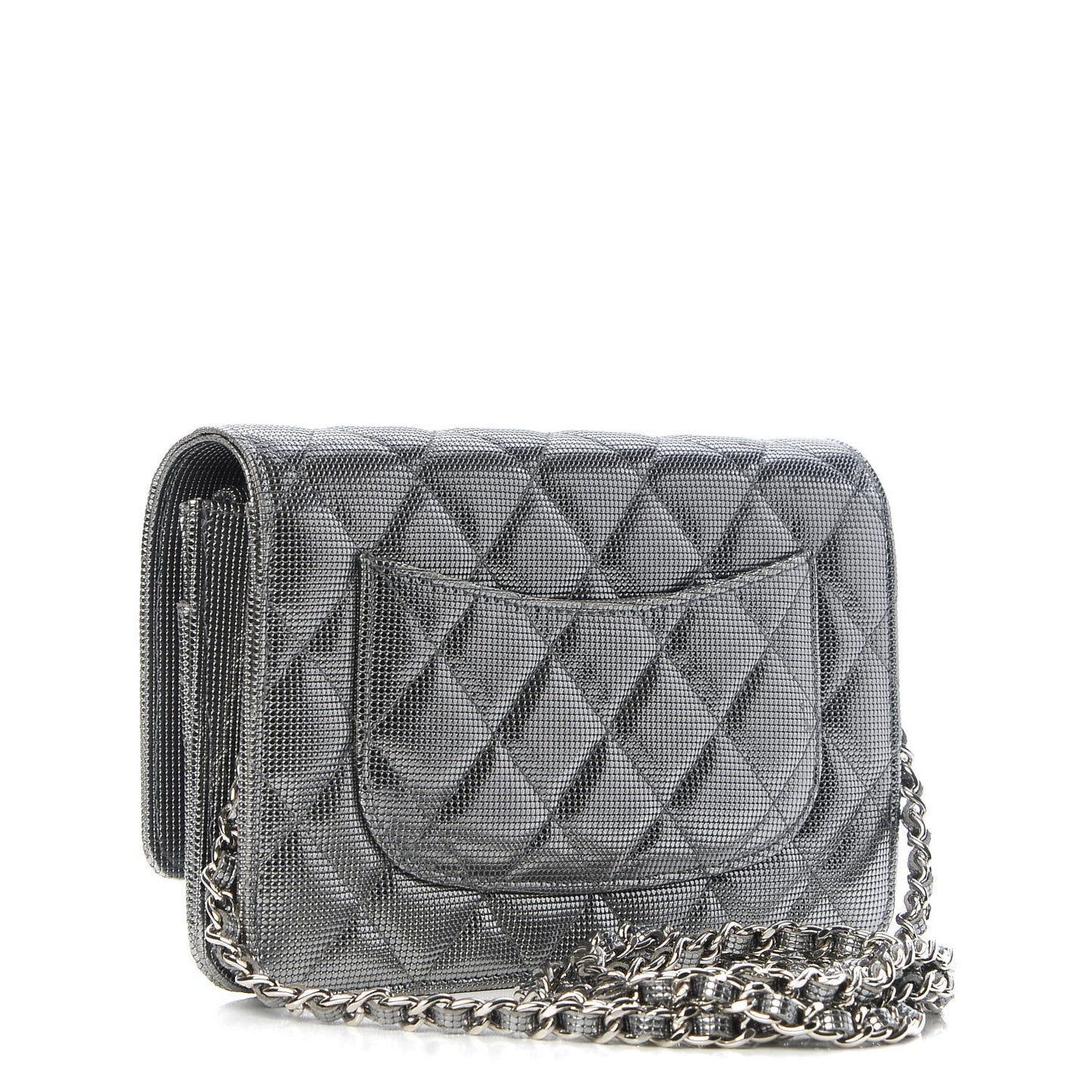 Metallic Calfskin Quilted Pixel Effect Wallet on Chain WOC Silver