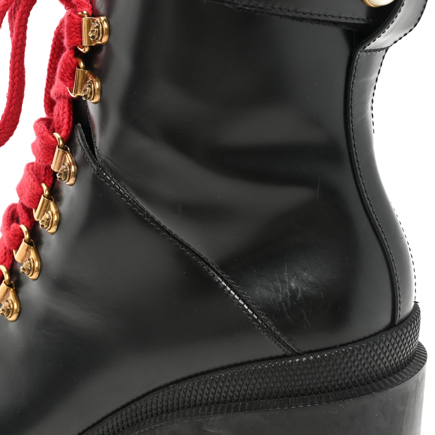 Gucci Magnum Calfskin Pearl Lace Up Combat Ankle Boots 39.5 Black Red 13 of 18