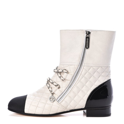 Chanel Lambskin Grosgrain Quilted Cap Toe Chain Boots 37.5 White Black 1 of 11