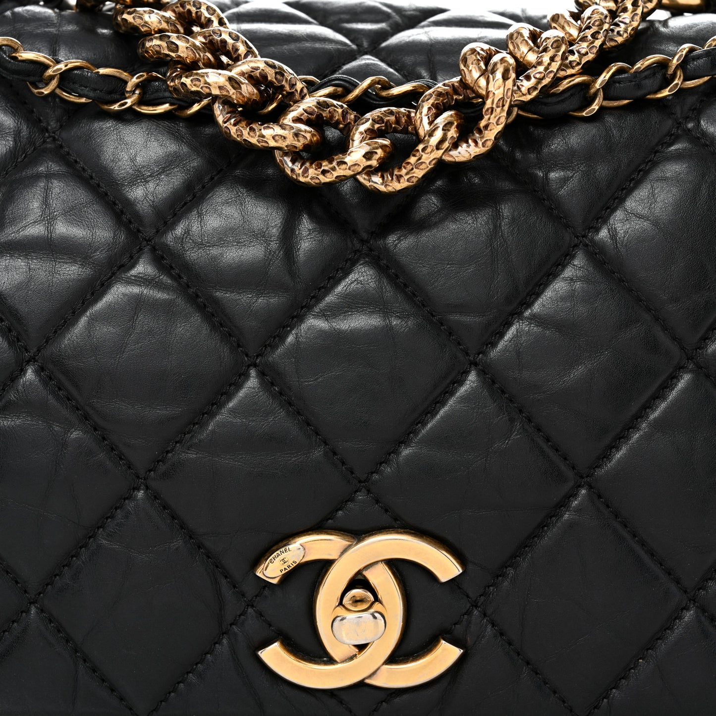 Aged Calfskin Quilted Medium Pondichery Flap Black