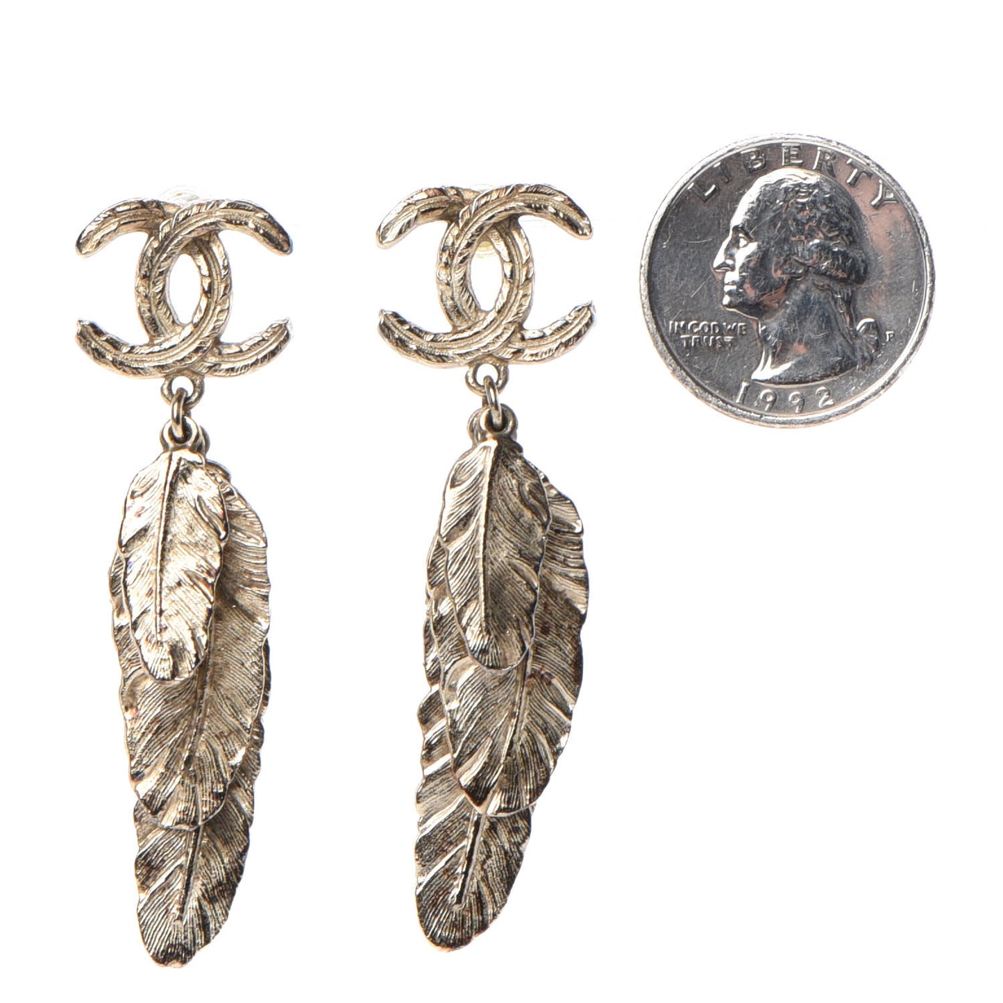 Feather CC Drop Earrings Gold