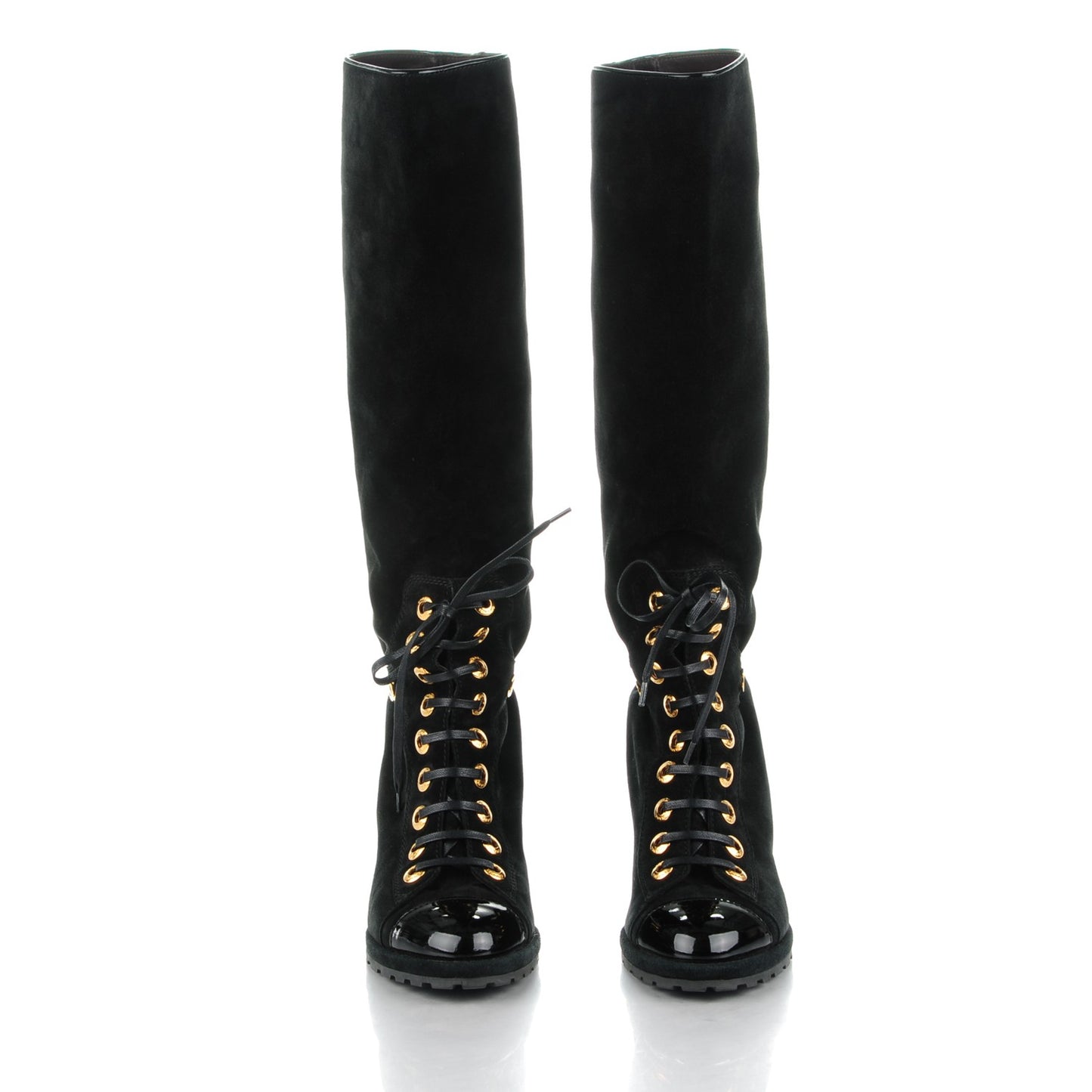 Suede Patent Cap Toe Wedge Boots 40 Black