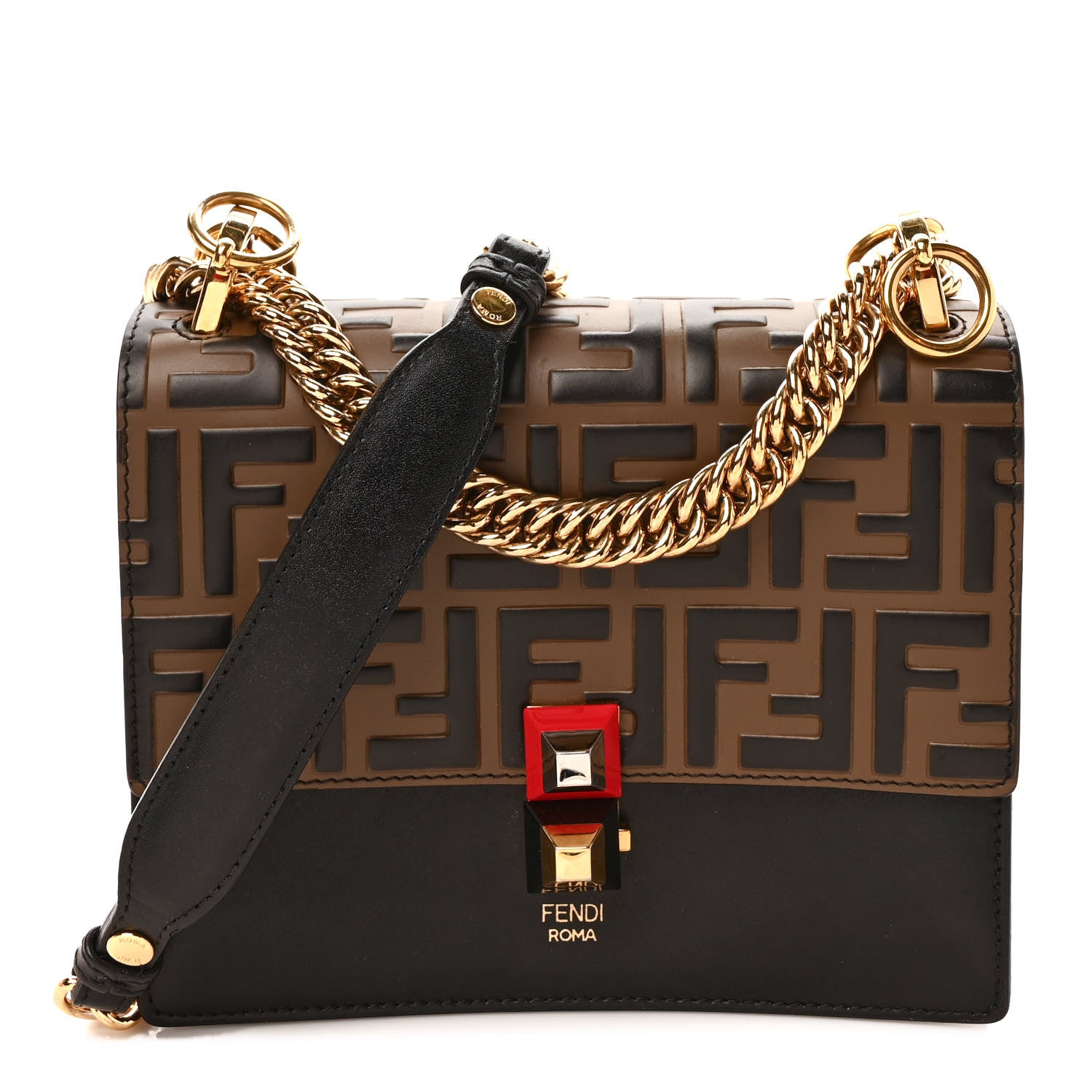Fendi Vitello Liberty Bi-Color FF 1974 Embossed Small Kan I Shoulder Bag Black Maya 1 of 10