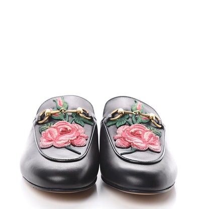 Gucci Calfskin Flower Embroidered Womens Princetown Slippers 37.5 Black 2 of 7