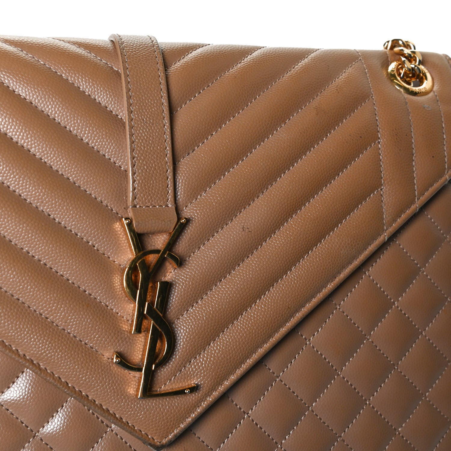 Saint Laurent Grain De Poudre Mixed Matelasse Large Triquilt Monogram Satchel Dark Beige 14 of 14