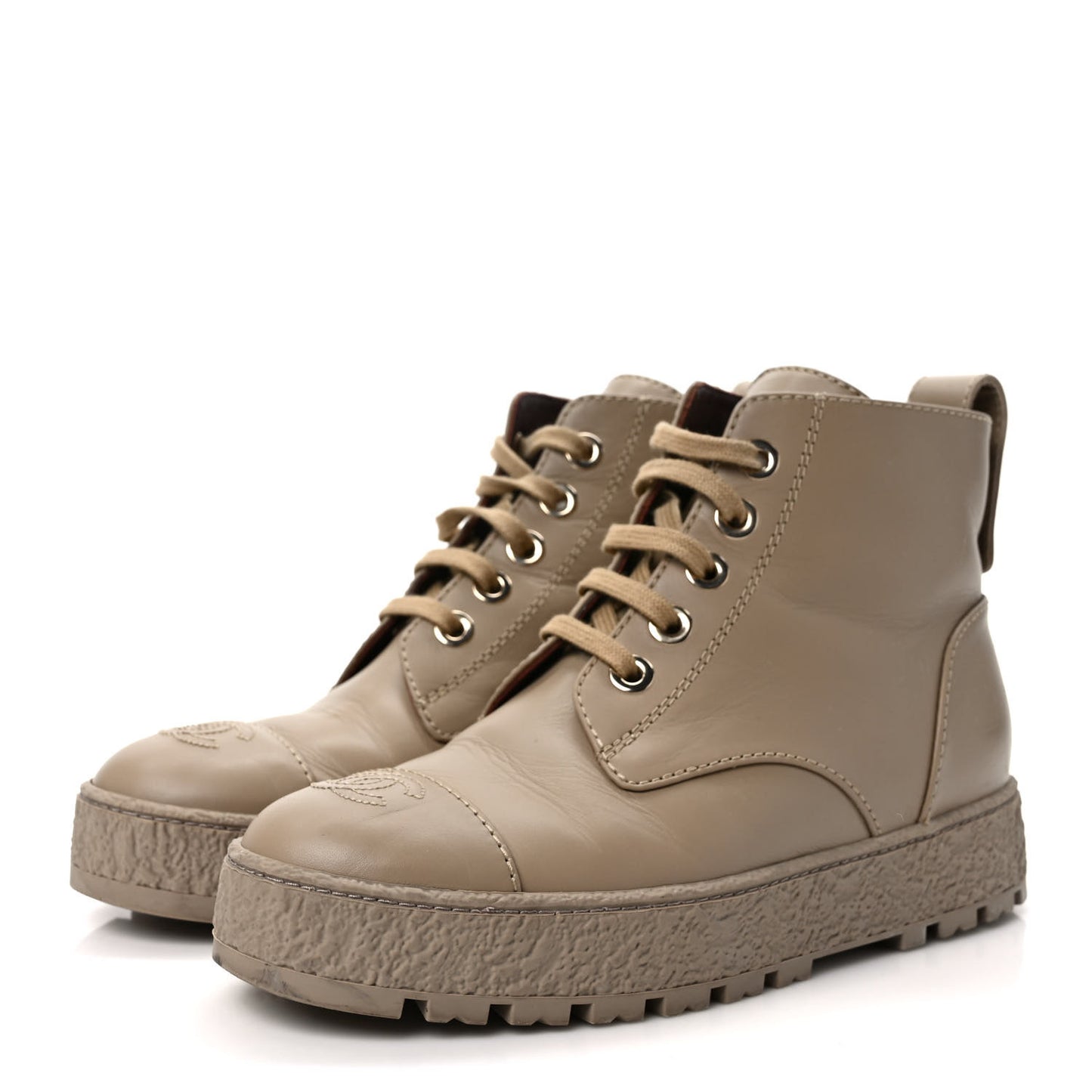 Calfskin CC Turnlock Lace Up Boots 38 Beige