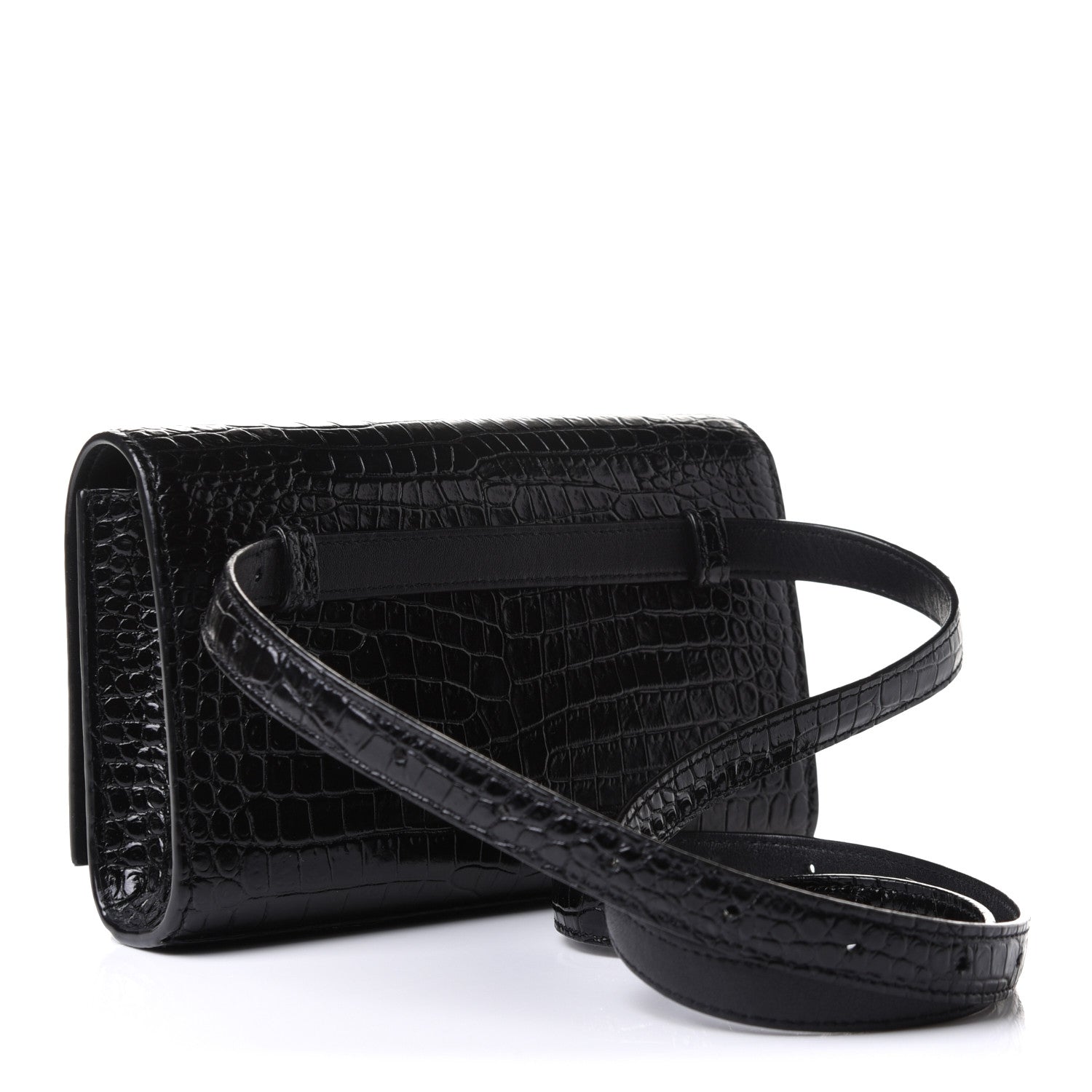 Saint Laurent Calfskin Crocodile Embossed Monogram Kate Belt Bag Black 3 of 12