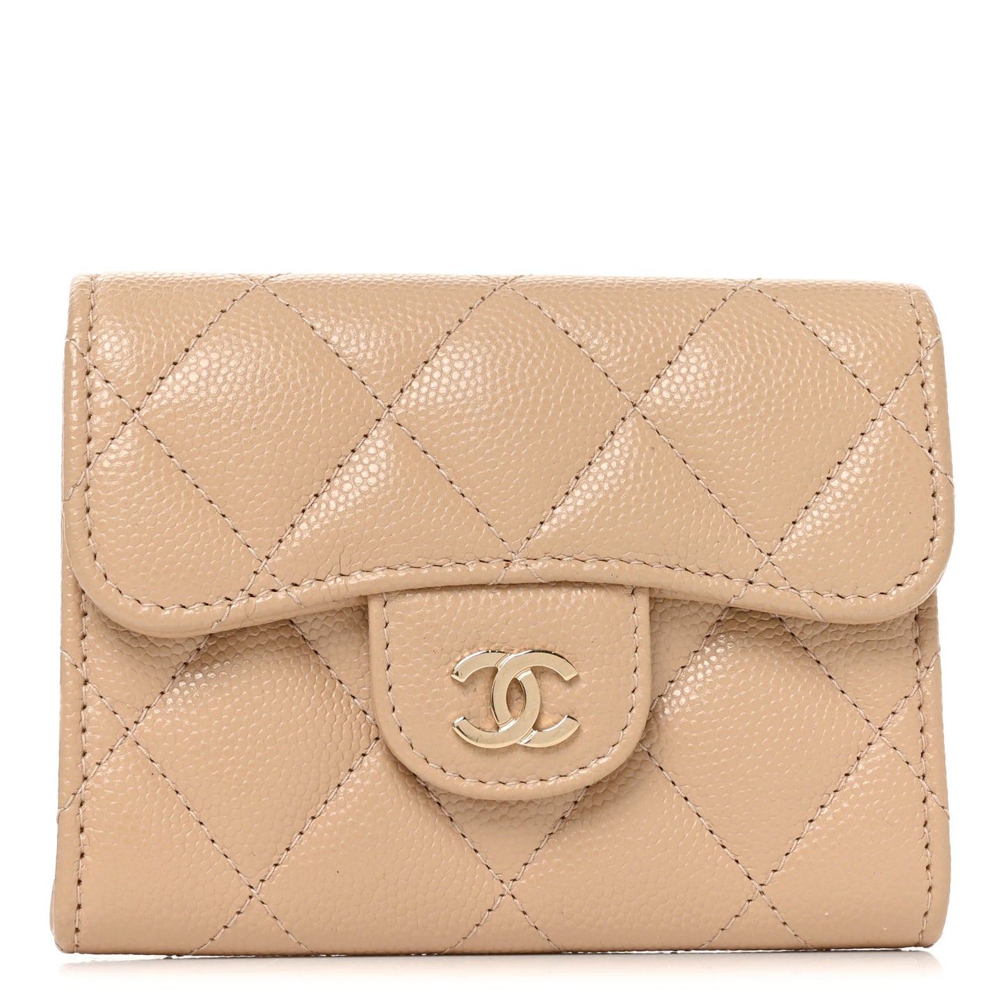Caviar Quilted Flap Card Holder Wallet Beige