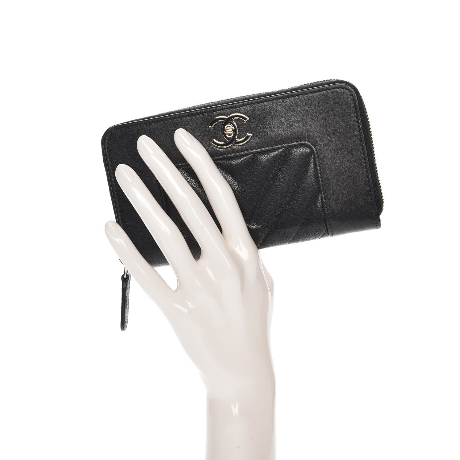 Chanel Sheepskin Chevron Quilted Mademoiselle Vintage Zip Around Wallet Black 2 of 9
