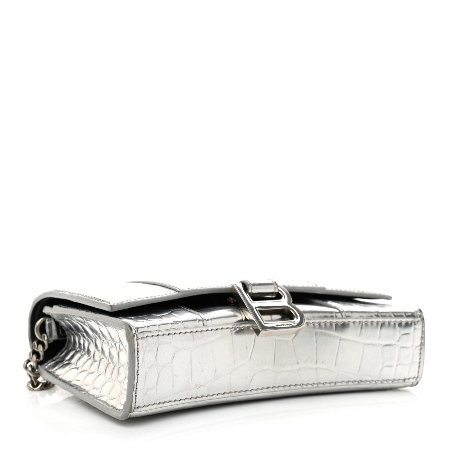 Metallic Calfskin Crocodile Embossed Hourglass Chain Bag Silver