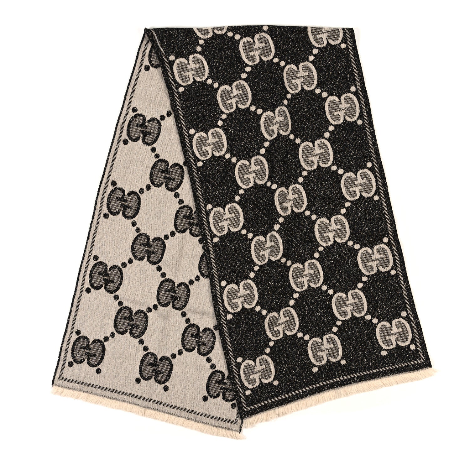 Gucci Wool Lame Jacquard Monogram Jumbo GG Lady Nest Lux Scarf Black Ivory 2 of 4