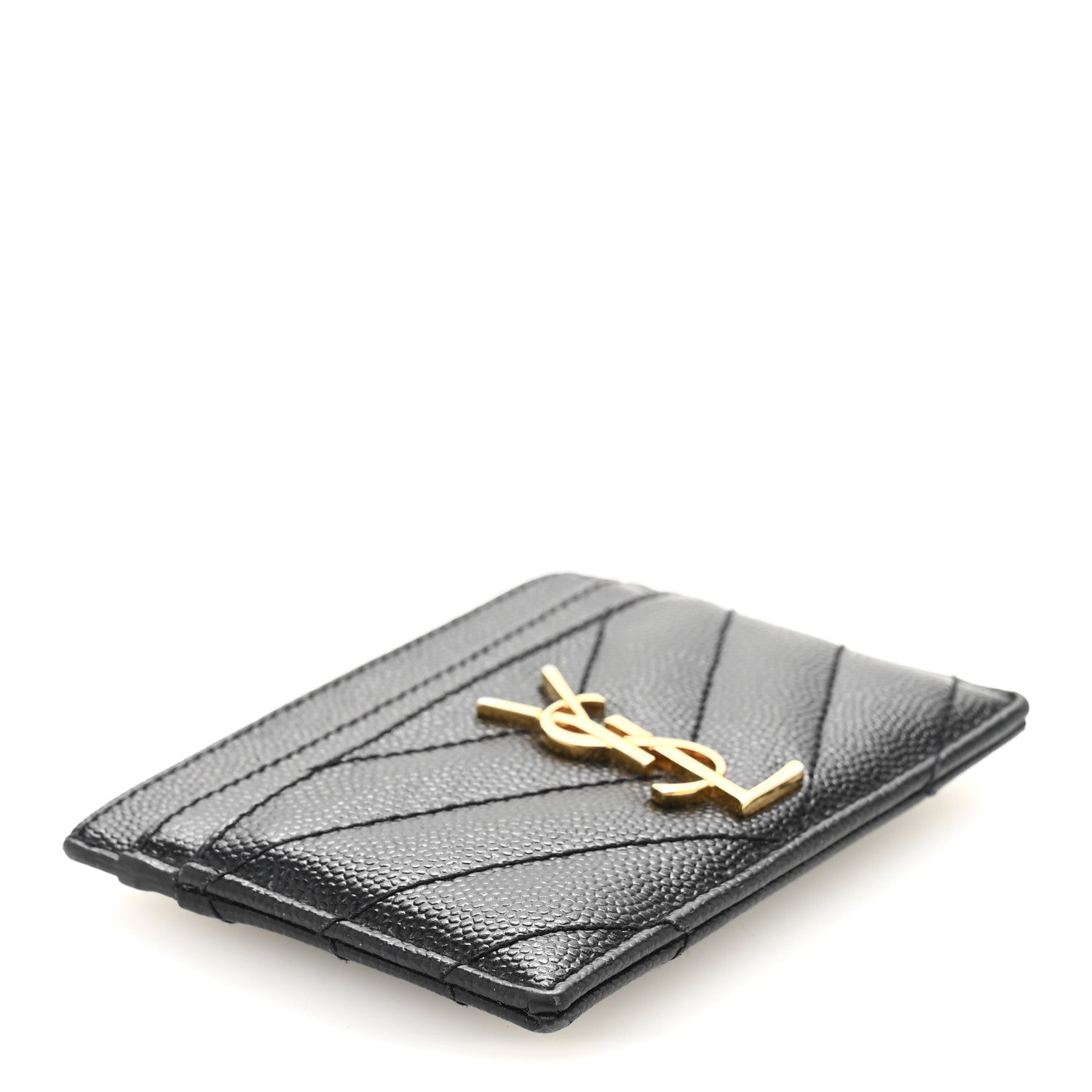 Saint Laurent Grain De Poudre Matelasse Chevron Monogram Credit Card Case Black 4 of 11