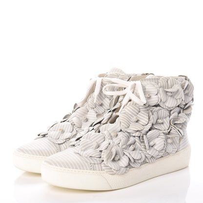 Chanel Lambskin Striped Camellia High Top Sneakers 38 Grey 3 of 10