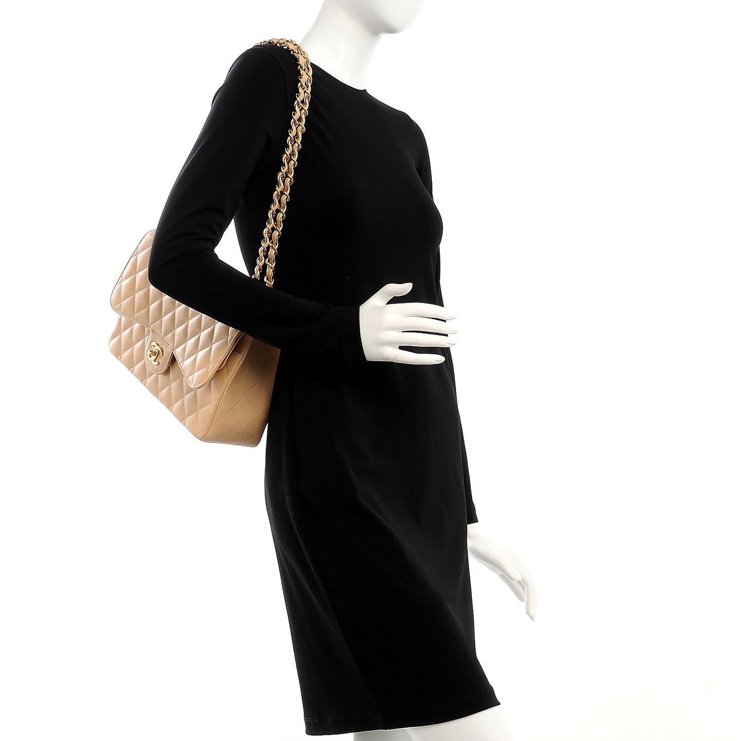 Caviar Quilted Jumbo Double Flap Beige Clair